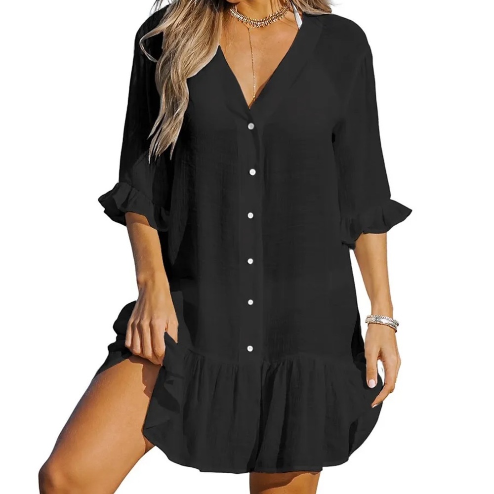 Ruffled Swim Cover Up Sexy Dress -M-Black - Picture 5 of 11
